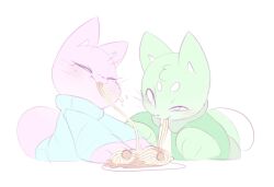 Rule 34 | 1boy, 1girl, :3, animal ears, animal hands, animal nose, blue sweater, blush, body fur, cat boy, cat ears, cat girl, cat tail, closed mouth, eating, fang, flat color, food, freckles, green fur, green jacket, half-closed eye, jacket, kekitopu, leaning forward, light blush, long sleeves, looking at another, looking at viewer, meatball, mochi (kekitopu), one eye closed, original, pasta, pink fur, plate, puhskinti day, shirt, simple background, sketch, skin fang, spaghetti, spaghetti and meatballs, suama (kekitopu), sweater, tail, turtleneck, turtleneck sweater, uneven eyes, upper body, whiskers, white background, white eyes, white shirt