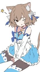 1boy :p absurdres animal_ears awz_(a-w-z) bare_shoulders blue_choker blush bow brown_hair cat_boy cat_ears cat_tail choker crossdressing detached_sleeves dress dress_bow felix_argyle hair_bow highres looking_at_viewer male_focus one_eye_closed pantyhose re:zero_kara_hajimeru_isekai_seikatsu ribbon short_eyebrows short_hair smile solo star_(symbol) striped_clothes striped_dress striped_ribbon tail thighhighs thighhighs_over_pantyhose tongue tongue_out trap vertical-striped_clothes vertical-striped_dress white_bow