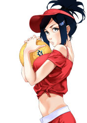 1girl absurdres ball bare_shoulders black_hair bleach breasts dakaeya female_focus highres holding holding_ball kurosaki_karin lips medium_breasts simple_background standing visor_cap volleyball_(object) white_background