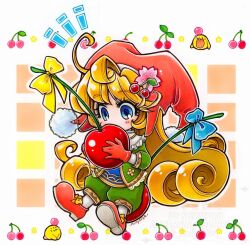 Rule 34 | 1girl, ahoge, artist name, blonde hair, blue bow, blue eyes, bow, charlotte (seiken densetsu 3), cherry, cherry blossoms, cherry hair ornament, chibi, chibi only, coat, curly hair, food, food-themed hair ornament, fruit, full body, gloves, gold trim, green coat, green pants, hair ornament, hat, highres, holding, holding food, holding fruit, hori wo, light blush, long hair, pants, pom pom hat ornament, red gloves, red hat, red shoes, seiken densetsu, seiken densetsu 3, shoes, solo, yellow bow