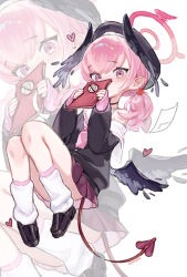 1girl bamyamsj beret black_hat black_shirt black_shoes blue_archive blush body_markings book bra_strap covering_own_mouth demon_tail halo hat head_wings highres holding holding_book kneehighs koharu_(blue_archive) loafers long_sleeves looking_at_viewer loose_socks low_twintails low_wings medium_hair miniskirt neckerchief off_shoulder pink_eyes pink_hair pink_halo pink_neckerchief pink_skirt pleated_skirt sailor_collar school_uniform shirt shoes simple_background skirt socks solo tail twintails white_background white_sailor_collar white_socks winged_halo wings zoom_layer