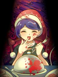 1girl :d ^_^ blood blood_on_face blood_on_hands blood_splatter blue_hair closed_eyes commentary_request doremy_sweet facing_viewer food fork fur-tipped_tail hands_up hat highres holding holding_fork kitchen_knife meat nightcap on_chair open_mouth plate pom_pom_(clothes) prk_prsk raw_meat serving_dome shinra-bansho signature smile solo straight-on swept_bangs table tail touhou upper_body