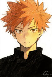 1boy alternate_costume black_shirt blue_oak brown_eyes closed_mouth frown highres looking_at_viewer male_focus mixed-language_commentary miyuki_(kazuya0408) nintendo orange_hair pokemon shirt short_hair signature solo spiked_hair upper_body white_background