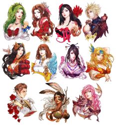 2boys 6+girls aerith_gainsborough animal_ears artist_name balflear bandana black_dress black_hair blonde_hair blue_bandana blue_eyes branch breasts brown_hair cleavage cloud_strife commentary dress english_commentary final_fantasy final_fantasy_ix final_fantasy_vi final_fantasy_vii final_fantasy_x final_fantasy_xii final_fantasy_xiii fran_(ff12) garnet_til_alexandros_xvii green_eyes green_hair grey_eyes hair_ornament hair_over_one_eye hair_stick heterochromia high_ponytail highres large_breasts lightning_farron long_hair lulu_(ff10) multiple_boys multiple_girls parted_bangs parted_lips pink_hair ponytail rabbit_ears red_dress red_eyes red_ribbon ribbon rikku_(ff10) simple_background smile square_enix tifa_lockhart tina_branford traditional_media vhyrel white_background white_hair yuna_(ff10)