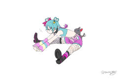 1girl aqua_eyes aqua_hair asymmetrical_legwear black_boots black_thighhighs boots cat collared_shirt colored_tips crop_top deco_miku detached_sleeves ear_piercing fishnet_pantyhose fishnets hair_ornament hair_rings hatsune_miku highres leaning_forward long_hair midriff motion_lines multicolored_hair neenya_(deco27) omutatsu pantyhose piercing pink_shorts pink_socks shirt short_shorts shorts simple_background single_sock single_thighhigh sitting sleeveless sleeveless_shirt socks solo standing streaked_hair stretching suspenders tail tail_wagging thighhighs twitter_username uneven_legwear vocaloid white_background