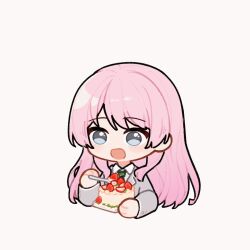 1girl ^_^ animated animated_gif artist_request bang_dream! bang_dream!_it&#039;s_mygo!!!!! blush cake chihaya_anon chinese_commentary closed_eyes commentary_request commission diagonal-striped_clothes diagonal-striped_necktie eating food fork fruit green_necktie grey_jacket haneoka_school_uniform highres holding holding_fork jacket long_hair long_sleeves necktie pink_hair school_uniform second-party_source simple_background smile solo strawberry striped_clothes white_background
