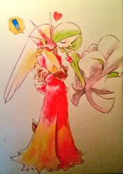 ! blaziken bob_cut claws closed_eyes colored_sclera creatures_(company) crossed_arms dress floating game_freak gardevoir gen_3_pokemon green_hair heart kiss nintendo photo_(medium) pokemon pokemon_(creature) samo_game traditional_media white_dress yellow_sclera