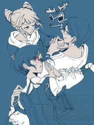 1boy 2girls backpack bag blue_background blue_theme collared_shirt commentary_request cone_hair_bun double_bun frilled_shirt frilled_sleeves frills fukurai_azami hair_bun hand_on_own_chin hands_up highres holding_strap interlocked_fingers limited_palette long_sleeves meguriya_ayumu multiple_girls one_eye_closed own_hands_together reindeer shirt short_hair smile spot_color stroking_own_chin tomarigi_yasumi tororo_konbu_(sleep_zzz_09) toshi_densetsu_kaitai_center toshikai-kun translation_request upper_body wheelchair