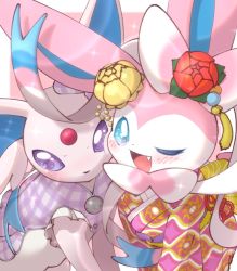 ;d blush buttons clothed_pokemon commentary_request cosplay costume_switch espeon espeon_(pokebuki) espeon_(pokebuki)_(cosplay) fang flower gen_2_pokemon gen_6_pokemon nintendo no_humans one_eye_closed open_mouth pokemon pokemon_(creature) pokemon_unite purple_eyes red_flower smile sylveon sylveon_(checkered) sylveon_(checkered)_(cosplay) tongue yuui_art
