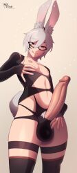 1boy animal_ears commentary commission cowboy_shot english_commentary glasses grey_hair highres josou_seme large_penis licking_lips lingerie looking_at_viewer looking_down male_focus male_pubic_hair matemi nipples original penis penis_piercing piercing pubic_hair rabbit_boy rabbit_ears rabbit_tail short_hair solo standing tail taiyo_akari testicles thick_thighs thighs tongue tongue_out trap underwear