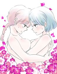 Rule 34 | 2girls, asymmetrical docking, blush, braid, breast press, flower, genderswap, genderswap (mtf), hanamutsuki, multiple girls, nude, ranma-chan, ranma 1/2, saotome ranma, single braid, tendou akane, yuri