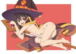 1girl absurdres ass barefoot breasts brown_hair cape hat highres kono_subarashii_sekai_ni_shukufuku_wo! looking_at_viewer lying megumin naked_cape navel nipples nude on_side open_mouth red_eyes simple_background small_breasts solo staff witch_hat yamamoto_shuuhei