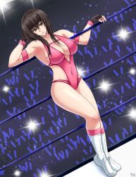 1girl breasts brown_eyes brown_hair cleavage female highres kusumaoka large_breasts leotard sekai_de_ichiban_tsuyoku_naritai! toyota_misaki wrestling_outfit wrestling_ring