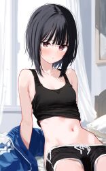 1girl absurdres bedroom black_hair black_shorts black_sports_bra blue_jacket blunt_bangs blush bob_cut_girl_(memekko) breasts brown_eyes closed_mouth collarbone commentary_request curtains highres indoors jacket looking_at_viewer medium_hair memekko midriff navel original pillow short_shorts shorts small_breasts solo sports_bra stomach track_jacket window