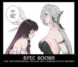 2girls arlecchino_(genshin_impact) backless_outfit bare_shoulders breasts brown_hair cleavage closed_eyes columbina_(genshin_impact) commentary english_text epic_boobs_(meme) eyeliner genshin_impact gradient_hair grey_hair hashtag-only_commentary highres large_breasts leaning_forward long_hair makeup meme motivator_(meme) multicolored_hair multiple_girls pink_lips ponytail purple_hair red_eyeliner sofi_(sefiiru) very_long_hair