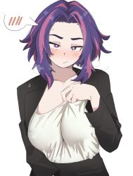 1girl absurdres black_jacket black_skirt blazer blush boku_no_hero_academia breasts bright_pupils closed_mouth collarbone commentary covered_erect_nipples curtained_hair dashi_(dashiart) hand_up heavy_breathing highres jacket lady_nagant large_breasts long_sleeves looking_at_viewer multicolored_hair no_bra open_clothes open_jacket pink_hair purple_eyes purple_hair shirt_tucked_in simple_background skirt solo spoken_blush streaked_hair sweat upper_body white_background white_pupils