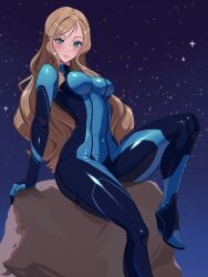 1girl absurdres aqua_eyes arm_support atlus blonde_hair blue_bodysuit blush bodysuit breasts covered_navel emmettart female_focus highres long_hair looking_at_viewer medium_breasts megami_tensei metroid night night_sky nintendo outdoors parted_lips persona persona_5 rock samus_aran samus_aran_(cosplay) sidelocks sitting skin_tight sky smile solo star_(sky) starry_sky takamaki_anne two-tone_bodysuit very_long_hair