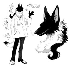 1boy animal_feet black_hair black_pants coat forked_tongue full_body furry furry_male highres leaf long_hair male_focus monochrome multiple_views no_eyes original pants portrait scarf simple_background snake tongue white_background zumi3