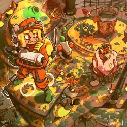 1girl 2others artist_name bamboozler_14_(splatoon) black_eyes blonde_hair boots bulging_eyes chum_(splatoon) cohock_(splatoon) colored_sclera constricted_pupils drizzler_(splatoon) eating fangs fangs_out fish_stick_(splatoon) fisheye fish_hook flag flying_sweatdrops full_body gloves golden_egg_(splatoon) grate green_footwear green_gloves half-closed_eyes helmet highres holding holding_weapon jumpsuit legs_apart lifebuoy long_sleeves looking_at_another looking_back looking_down looking_up maws_(splatoon) medium_hair multiple_others nintendo octoling octoling_girl octoling_player_character open_mouth orange_headwear orange_jumpsuit outline peril red_eyes salmon_run_(splatoon) scared scrapper_(splatoon) sharp_teeth sidelocks signature slime_(substance) slit_pupils smallfry_(splatoon) splat_bomb_(splatoon) splatoon_(series) splatoon_3 splattershot_pro_(splatoon) standing steel_eel_(splatoon) steelhead_(splatoon) suction_cups sweat swim_ring teeth tentacle_hair tentacles two-handed valevod vore weapon white_outline wide-eyed yellow_sclera