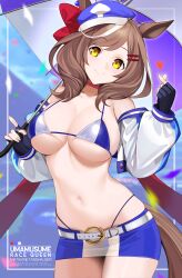 1girl absurdres alternate_costume animal_ears bikini black_gloves blue_bikini blue_hat blue_skirt blurry blurry_background breasts brown_hair character_name cleavage closed_mouth commentary copyright_name cowboy_shot detached_sleeves finger_heart fingerless_gloves gloves hair_ornament hat highleg highleg_bikini highres holding holding_umbrella horse_ears horse_girl horse_tail large_breasts matikane_tannhauser_(umamusume) microskirt multicolored_hair navel puffy_sleeves race_queen skirt smile stomach streaked_hair swimsuit symbol-only_commentary tail translucent ugohato umamusume umbrella white_hair yellow_eyes