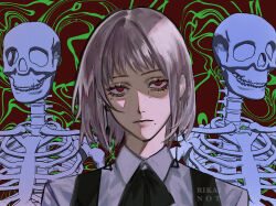 1girl artist_name black_dress chainsaw_man closed_mouth collared_shirt commentary dress earrings fami_(chainsaw_man) fourth_east_high_school_uniform grey_hair grey_shirt highres jewelry mole mole_under_eye mole_under_mouth multiple_moles pinafore_dress red_eyes rikainot ringed_eyes school_uniform shirt skeleton sleeveless sleeveless_dress solo