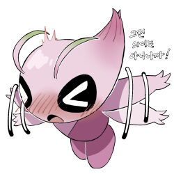 &gt;_&lt; 1other alternate_color antennae blush celebi commentary_request creatures_(company) embarrassed full_body game_freak gen_2_pokemon korean_commentary korean_text legendary_pokemon mixed-language_commentary mythical_pokemon nintendo o_o_(pixiv_91006494) open_mouth other_focus pokemon pokemon_(creature) pokemon_mystery_dungeon pokemon_mystery_dungeon:_explorers_of_time/darkness/sky shiny_pokemon simple_background solo translation_request waving_arms white_background