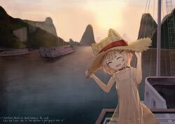 1girl absurdres animal_ear_headwear breasts brown_hair cleft_of_venus closed_eyes collarbone dress english_text facing_viewer fake_animal_ears fang flat_chest hat highres komachi_panko loli missing_commentary nipples ok1teru open_mouth outdoors phase_connect pier pussy see-through_clothes see-through_dress short_hair skin_fang small_breasts solo straw_hat thick_eyebrows white_dress