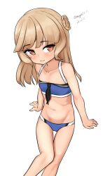 1girl absurdres aged_down bikini black_neckerchief blonde_hair blue_bikini braid braided_bun brown_eyes commentary cosplay feet_out_of_frame flat_chest hair_bun highres invisible_chair johnston_(kancolle) johnston_(kancolle)_(cosplay) johnston_kai_(swimsuit)_(kancolle) kantai_collection loli looking_at_viewer maru_(marg0613) neckerchief ranger_(kancolle) simple_background sitting solo swimsuit white_background