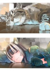 1girl :3 animal_ears black_hair blush cat cat_ears cat_girl dress gloves green_dress green_gloves grey_hair hashtag-only_commentary hololive hololive_dev_is juufuutei_raden juufuutei_raden_(1st_costume) jw_2140 long_hair long_sleeves multicolored_hair on_floor sleeping solo two-tone_hair virtual_youtuber