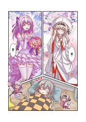 Rule 34 | 3girls, black hairband, blush, bright pupils, butterfly hair ornament, castorice (honkai: star rail), checkered blanket, closed mouth, collar, dress, firefly (honkai: star rail), frilled dress, frills, green pupils, grey hair, hair between eyes, hair intakes, hair ornament, hair ribbon, hairband, hat, highres, honkai: star rail, honkai (series), hsrmangakichi, love triangle, multicolored eyes, multiple girls, open mouth, purple eyes, purple hair, ribbon, smile, stelle (honkai: star rail), thighhighs, trailblazer (honkai: star rail), two-tone eyes, white collar, white dress, white hat, white pupils, white thighhighs, white wings, wings, yuri