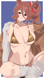 1girl absurdres animal_ears bikini border breasts brown_hair brown_shoes cleavage commentary gold_bikini highres horse_ears horse_girl horse_tail indian_style kumabachi315 large_breasts long_hair loose_socks navel_piercing norn_ace_(umamusume) outside_border piercing ponytail removing_jacket shoes sitting smile socks solo swimsuit tail tracen_swimsuit umamusume umamusume:_cinderella_gray white_border white_socks