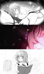 Rule 34 | 5girls, absurdres, aged down, book, commentary, elf, elysia (honkai impact), highres, honkai (series), honkai impact 3rd, lying, mi (27782900), multiple girls, on side, open book, open mouth, partially colored, pink hair, pointy ears, short hair, sleeping, thumbnail collage