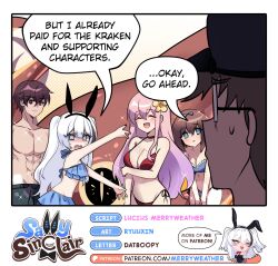 2boys 3girls :d abs animal_ear_hairband animal_ears armpit_crease bikini black_hat black_male_swimwear black_nails black_streaks blue_bikini blue_bow blue_eyes blush bow breasts brown_eyes brown_hair character_name cleavage closed_eyes collarbone commentary double-parted_bangs english_commentary english_text fake_animal_ears flower glasses hair_between_eyes hair_bow hair_flower hair_ornament hairband halterneck hand_on_own_arm hat highres kraken large_breasts long_hair male_swimwear merryweather mole mole_on_breast multicolored_hair multiple_boys multiple_girls navel open_mouth original pectorals pink_hair rabbit_ear_hairband rabbit_ears rectangular_eyewear red_bikini ryuuxin sally_sinclair shaded_face short_hair side-tie_bikini_bottom smile sparkle speech_bubble stomach streaked_hair sweatdrop swim_trunks swimsuit talking v_arms white_hair yellow_flower