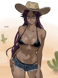 artist_name bare_shoulders bikini bikini_top_only bleach breasts cactus chain chain_necklace collarbone cowboy_hat dark-skinned_female dark_skin denim denim_shorts desert hair_down hand_on_own_hip hat jewelry large_breasts licking_lips long_hair looking_at_viewer necklace p_glansk parted_bangs purple_hair shihouin_yoruichi shiny_skin short_shorts shorts tongue tongue_out yellow_eyes