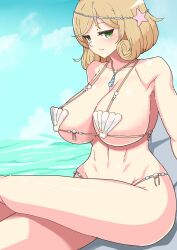 1girl amidori bikini breasts green_eyes haruka_(senran_kagura) highres large_breasts light_brown_hair medium_hair senran_kagura shell shell_bikini solo swimsuit water wide_hips