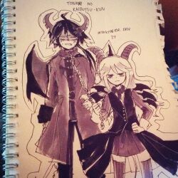 1boy 1girl chain chain_leash demon_boy demon_girl demon_horns demon_tail demon_wings derivative_work formal_clothes funamusea haiiro_teien highres holding holding_leash horns inktober ivlis_(funamusea) leash long_hair military_uniform parody reficul_(funamusea) suaviterra tail tonari_no_kaibutsu-kun wings