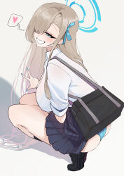 1girl absurdres ass asuna_(blue_archive) asuna_(school_uniform)_(blue_archive) bag billmors black_shoes black_socks blonde_hair blue_archive blue_eyes blue_halo blue_panties blue_skirt blush breasts clothes_lift grin hair_over_one_eye halo highres large_breasts long_hair looking_at_viewer looking_back panties pleated_skirt school_bag shirt shoes skirt skirt_lift sleeves_rolled_up smile socks solo squatting stuck thighs underwear v very_long_hair white_shirt