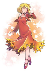 Rule 34 | 1girl, adapted costume, aki shizuha, blonde hair, collarbone, dress, full body, gradient clothes, gradient dress, hair ornament, high heels, jacket, leaf, leaf hair ornament, long sleeves, maple leaf, no mouth, rangycrow, red eyes, red jacket, short hair, solo, touhou, yellow dress