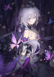 1girl absurdres bare_shoulders black_gloves black_tiara breasts bug butterfly butterfly_on_hand castorice_(honkai:_star_rail) commentary_request dress flower flower_ornament gloves hair_flower hair_ornament highres honkai:_star_rail honkai_(series) insect long_hair medium_breasts pointy_ears purple_butterfly purple_eyes purple_hair solo tiara very_long_hair white_dress zaoshang_yibei_qing_gan_puer