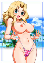 10s 1girl :d beach bikini blonde_hair blue_eyes blush border breasts cameltoe clothes_lift collarbone female_focus girls_und_panzer groin happy highres hip_focus kay_(girls_und_panzer) large_breasts long_hair looking_at_viewer navel nipples ocean open_mouth palm_tree palms pink_bikini self_wedgie shiny_skin smile solo star_(symbol) star_print swimsuit swimsuit_lift tanuki_yousuke thighs topfreedom tree wedgie