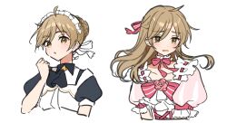 1boy ahoge bow brown_eyes brown_hair choker crossdressing ensemble_stars! frilled_choker frills hair_between_eyes hair_bun highres long_hair looking_at_viewer maid_headdress male_focus mashiro_tomoya mashiro_tomoya_(princess_outfit) multiple_views open_mouth puffy_short_sleeves puffy_sleeves red_bow shisokonbu short_sleeves simple_background sketch upper_body white_background