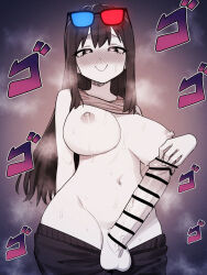 1futa arm_behind_head bar_censor blush breasts censored closed_mouth cowboy_shot erection eyewear_on_head futanari heart heart-shaped_pupils heterochromatic_eyewear highres howcow_(vtuber) ikr_(artist) indie_virtual_youtuber large_breasts large_penis long_hair looking_at_viewer navel nipples penis smile solo symbol-shaped_pupils testicles tinted_eyewear virtual_youtuber