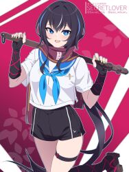 1girl :d black_gloves black_hair black_shorts black_socks blue_eyes blue_hair blue_neckerchief blue_sailor_collar blush club_(weapon) fingerless_gloves flute gloves green_nails hair_between_eyes hands_up highres holding instrument long_hair looking_at_viewer multicolored_hair nail_polish neckerchief open_mouth original sailor_collar scarf school_uniform sebunsu serafuku shirt short_shorts short_sleeves shorts skindentation smile socks solo standing standing_on_one_leg streaked_hair thigh_strap thighs twitter_username very_long_hair weapon white_hair white_shirt