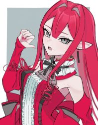 1girl aona3 baobhan_sith_(fate) baobhan_sith_(first_ascension)_(fate) bare_shoulders breasts detached_sleeves dress earrings fate/grand_order fate_(series) frilled_dress frills grey_eyes hand_up highres jewelry long_hair looking_at_viewer open_mouth pink_hair pointy_ears red_dress sidelocks solo