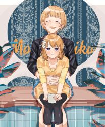 2girls :d :| black_jacket black_pants blonde_hair blue_skirt blunt_bangs brown_hair character_name closed_mouth collarbone commentary cup dress earrings f_yama03 floral_background flower fukuda_noriko hair_flower hair_ornament hands_on_own_knees highres holding holding_cup hug hug_from_behind idolmaster idolmaster_million_live! interlocked_fingers jacket jewelry layered_clothes layered_sleeves leaf leather leather_jacket long_sleeves looking_at_viewer mug multiple_girls on_bench open_mouth own_hands_together pants short_hair single_earring sitting sitting_on_person skirt smile star_(symbol) star_earrings suou_momoko three-quarter_sleeves tiles wavy_hair white_flower yellow_dress