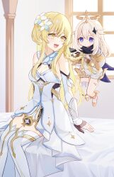Rule 34 | 2girls, absurdres, alternate hair length, alternate hairstyle, arm armor, ayatsuki hina, bare shoulders, black gloves, black scarf, blonde hair, blue eyes, boots, braid, braiding hair, breasts, cleavage, closed mouth, commentary request, detached sleeves, dress, feet out of frame, floating, flower, genshin impact, gloves, hair between eyes, hair flower, hair ornament, hairdressing, halo, hand in another&#039;s hair, hands in hair, highres, holding another&#039;s hair, indoors, large breasts, long hair, looking at another, lumine (genshin impact), multiple girls, on bed, open mouth, paimon (genshin impact), partially fingerless gloves, scarf, single braid, sitting, thigh boots, thighhighs, tying hair, white boots, white dress, white hair, white romper, white scarf, window, yellow eyes, zettai ryouiki