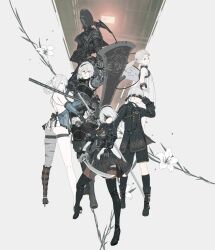 2b_(nier:automata) 2boys 3girls 9s_(nier:automata) absurdres ass backless_outfit bandaged_leg bandages black_collar black_dress black_gloves black_hairband black_shorts black_socks blindfold blue_eyes boots braid brown_eyes collar covered_eyes dress fio_(nier) flower gloves grey_background grey_hair hair_ornament hairband high_heel_boots high_heels highres kaine_(nier) kneehighs levania lingerie long_hair long_sleeves mole mole_under_mouth multiple_boys multiple_girls nier nier:automata nier_(brother) nier_(brother)_(post_timeskip) nier_(series) nier_reincarnation official_art panties promotional_art puffy_sleeves short_hair shorts sleeveless sleeveless_dress socks sword thigh_boots twintails underwear weapon white_dress white_hair