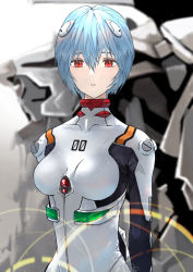 1girl ayanami_rei blue_hair bodysuit breasts eva_00 hair_ornament highres interface_headset_(evangelion) looking_at_viewer mecha_pilot_suit medium_breasts neko_no_kedama neon_genesis_evangelion parted_lips plugsuit_(evangelion) red_eyes short_hair solo white_bodysuit