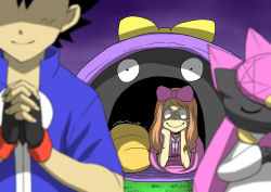 1boy 1girl ash_ketchum closed_eyes diancie gen_6_pokemon gradient_background legendary_pokemon looking_at_another maria-sama_ga_miteru mythical_pokemon nintendo outdoors parody pokemon pokemon_(anime) pokemon_(creature) pokemon_xy praying purple_background serena_(pokemon) simple_background sleeping_bag smile tagme tent yandere zanpan526