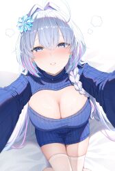 1girl absurdres blue_flower blue_sweater blush breasts cleavage cleavage_cutout clothing_cutout commission earrings flower hair_flower hair_ornament highres indie_virtual_youtuber jewelry large_breasts long_hair long_sleeves looking_at_viewer multicolored_hair nikumega parted_lips pink_hair skeb_commission solo soma_nahiro streaked_hair sweat sweater thighhighs two-tone_hair very_long_hair virtual_youtuber white_hair white_thighhighs